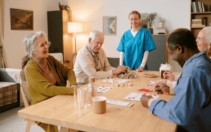 Imagem ilustrando uma casa de repouso com funcionários